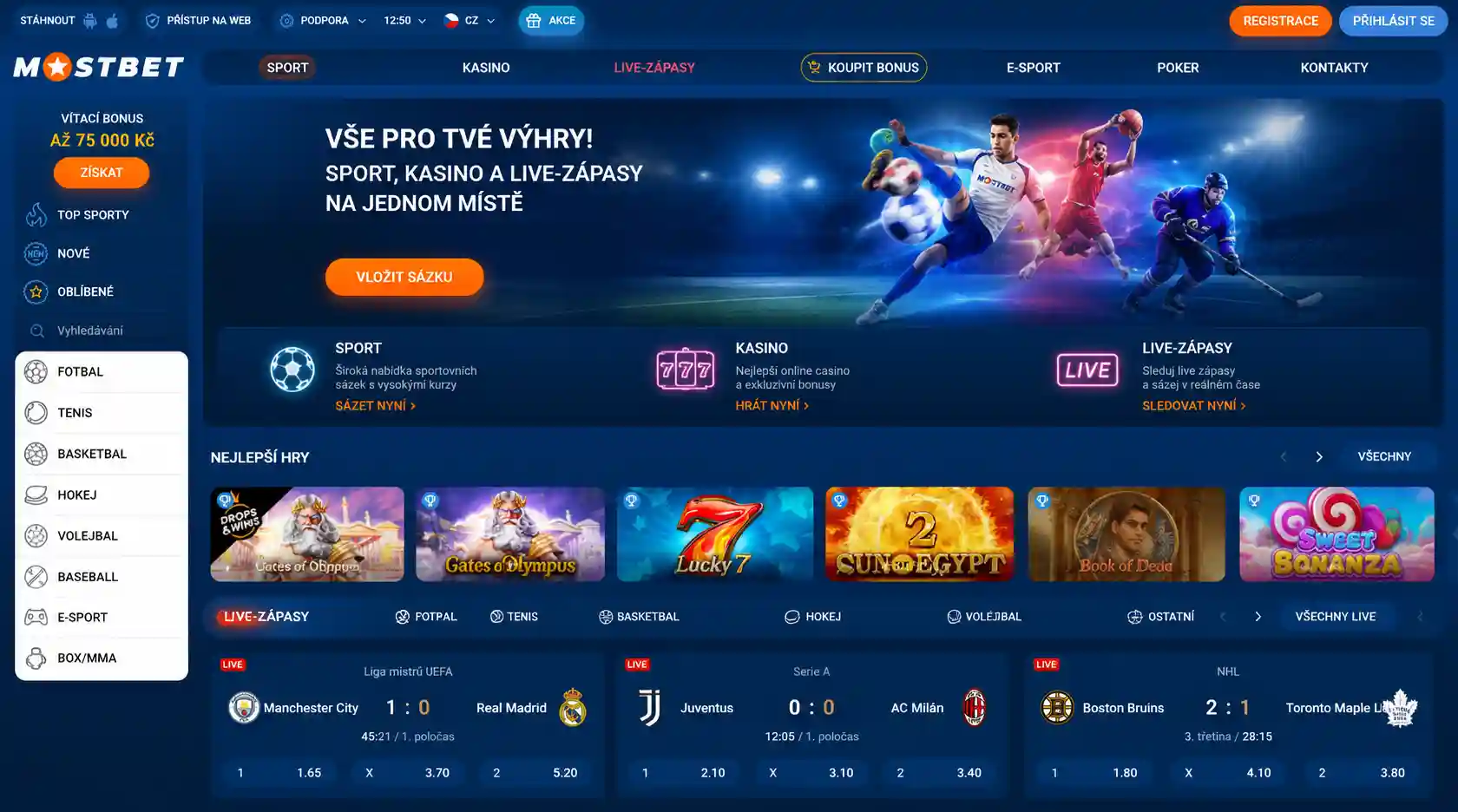 Úvodní stránka platformy Mostbet s přehledem hlavních sekcí