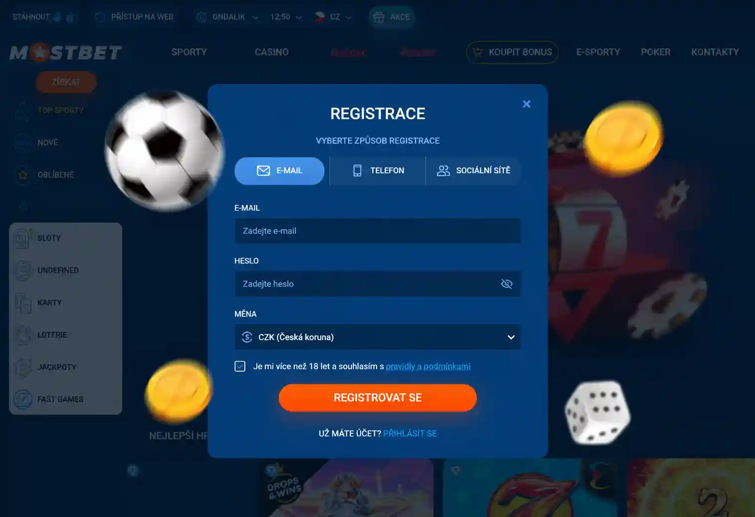 Registrační formulář Mostbet s možnostmi výběru metody registrace