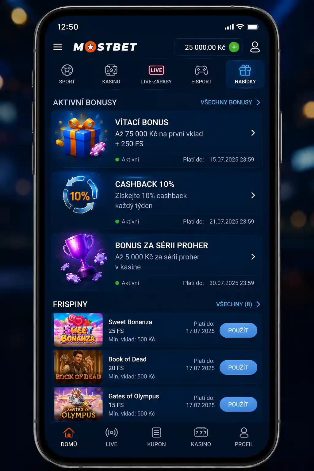 Rozhraní mobilní aplikace Mostbet se sekcí aktivních bonusů a volných zatočení