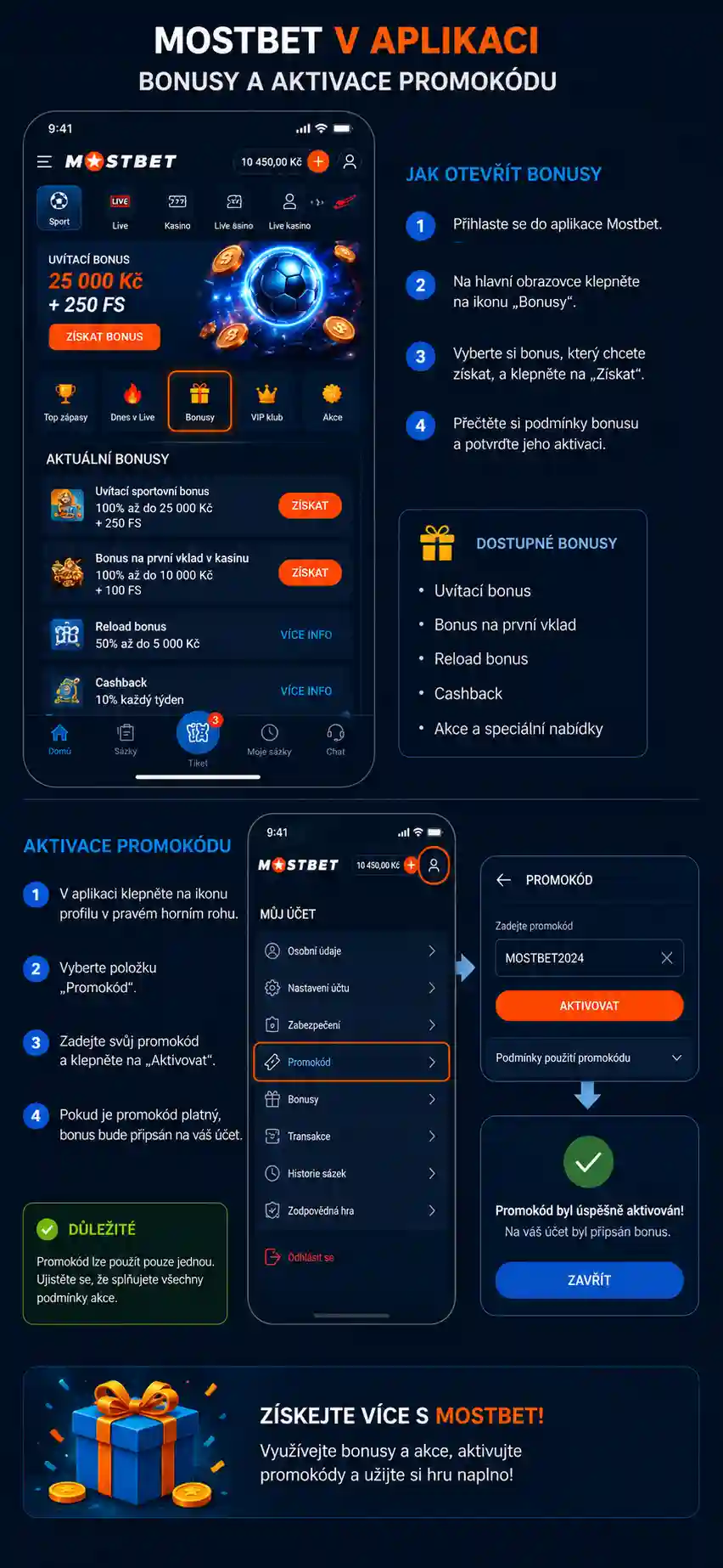 Sekce bonusů a aktivace promokódu v aplikaci na iPhonu