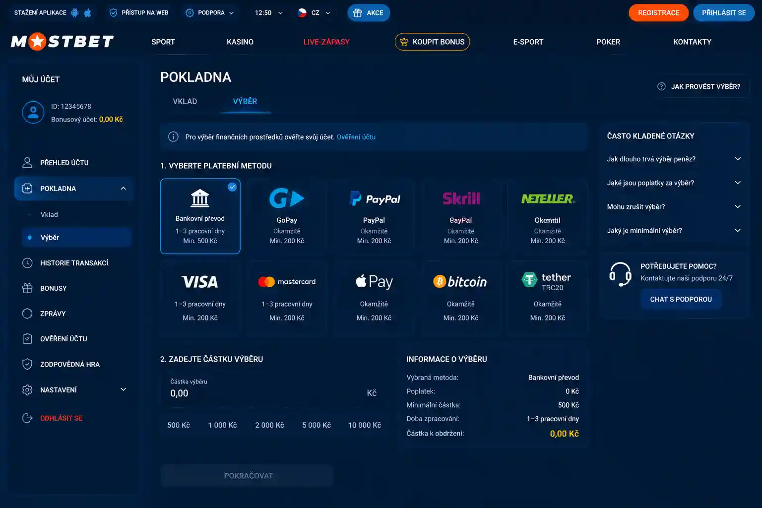 Sekce Pokladna v hráčském účtu Mostbet se zvýrazněnou záložkou Výběr