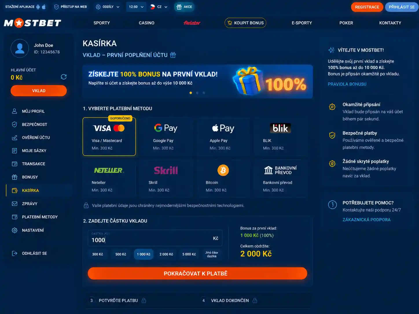 Sekce pokladny Mostbet s formulářem pro provedení prvního vkladu