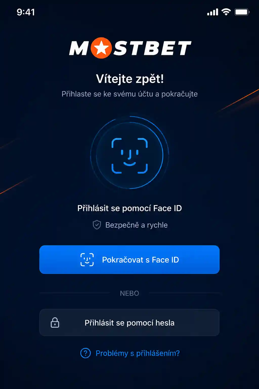 Přihlašovací obrazovka aplikace Mostbet s možností Face ID
