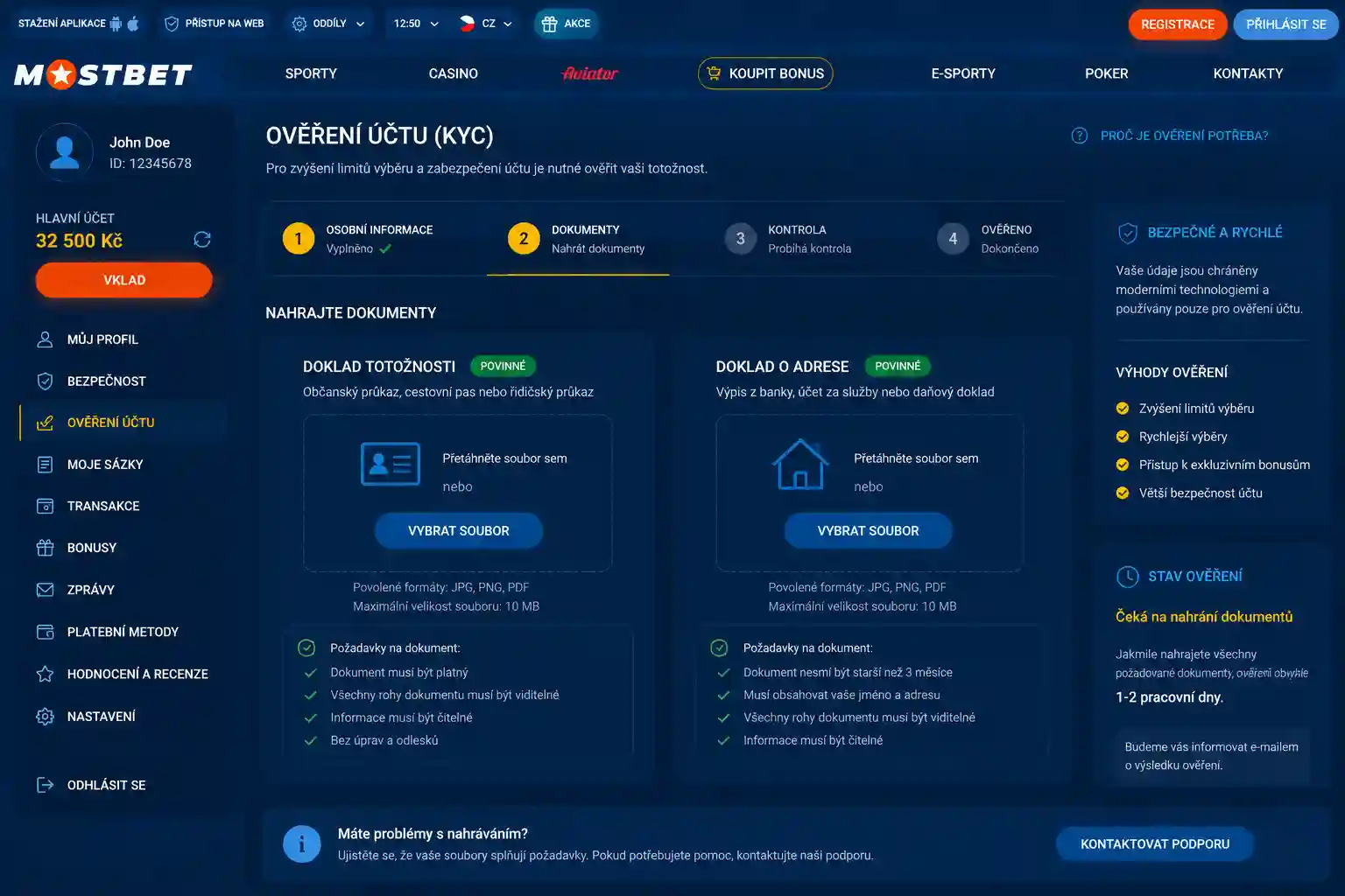 Sekce nahrání dokumentů pro ověření účtu KYC