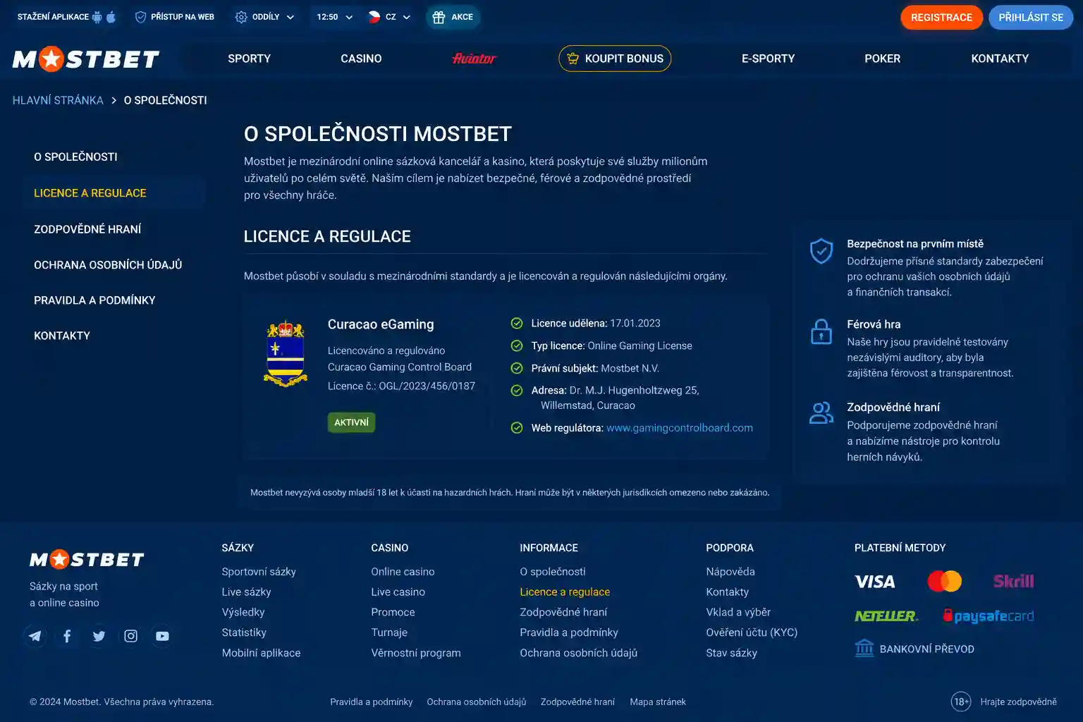 Přehled licenčních informací a regulačních dokumentů na webu Mostbet