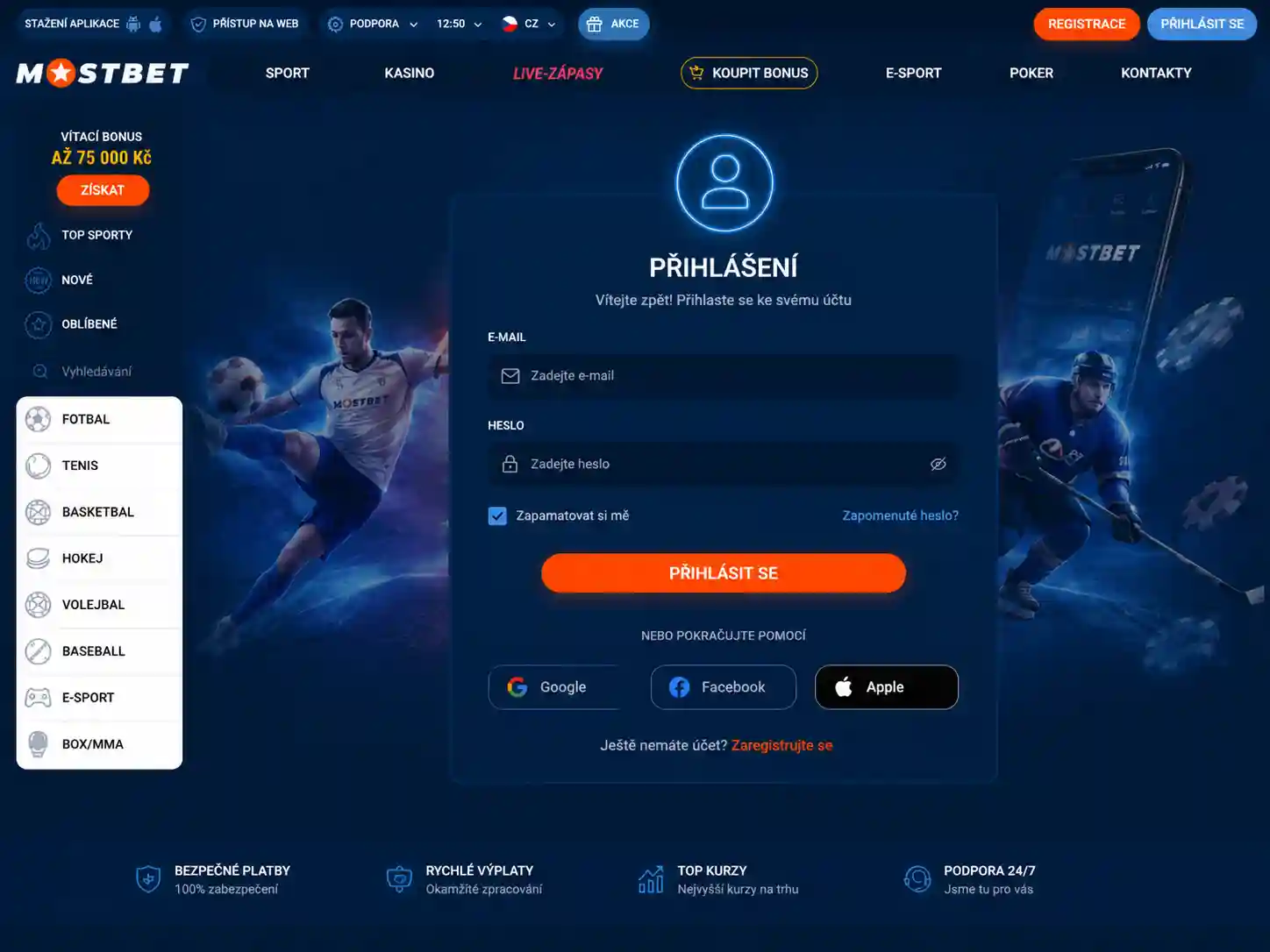 Stránka pro přihlášení k účtu s poli pro e-mail a heslo