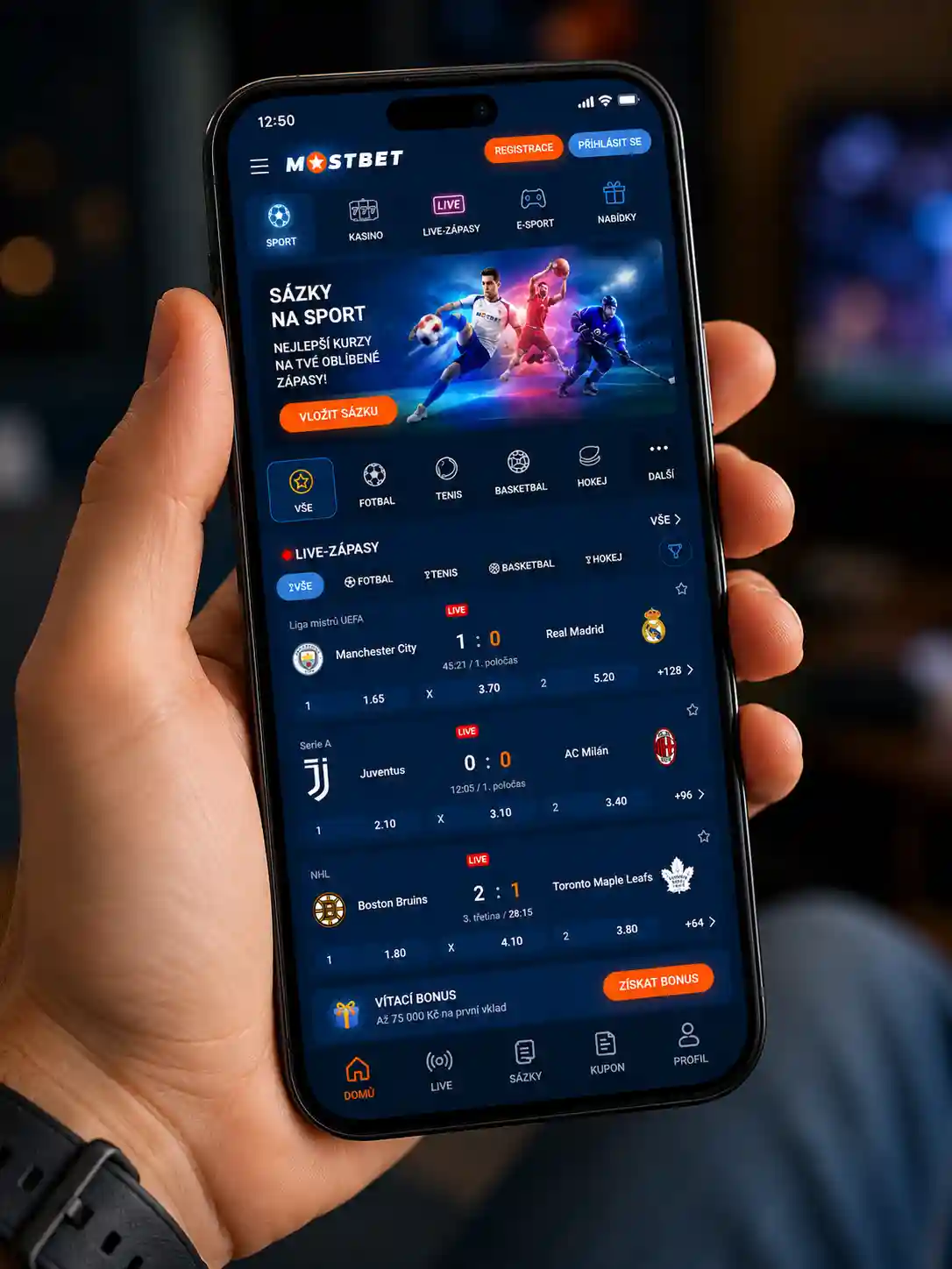Rozhraní mobilní aplikace Mostbet se zobrazenou nabídkou sportů a live zápasů
