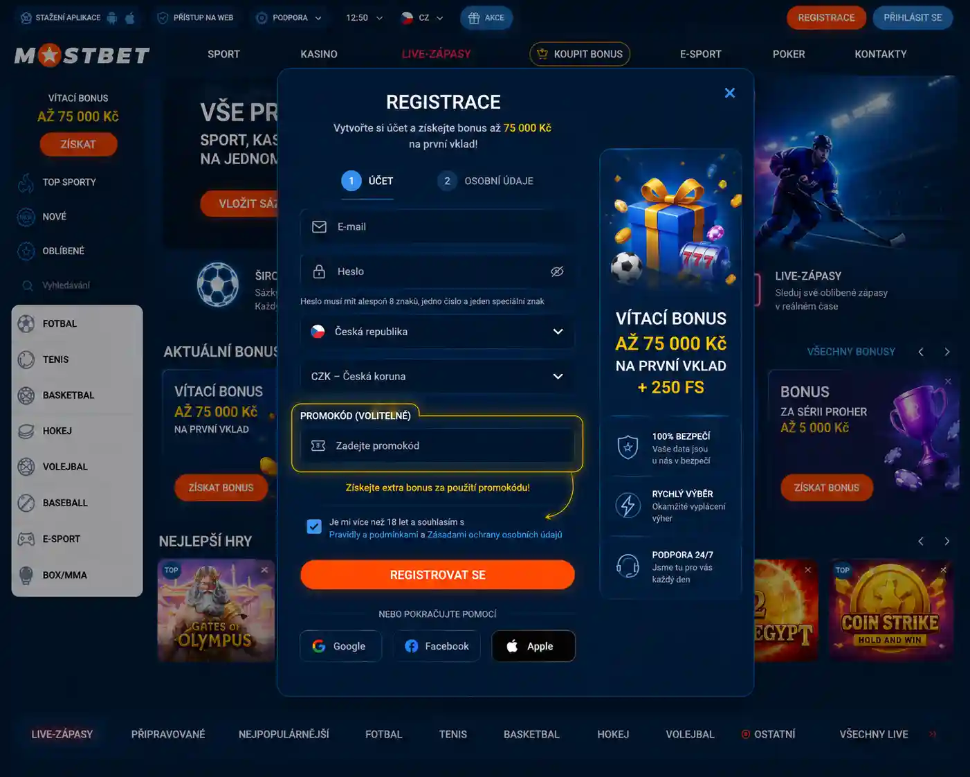 Formulář registrace Mostbet se zvýrazněným polem pro zadání promo kódu