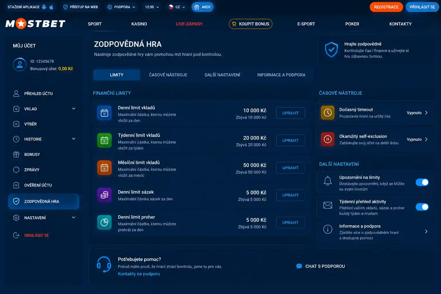 Sekce nástrojů odpovědného hraní v uživatelském profilu Mostbet