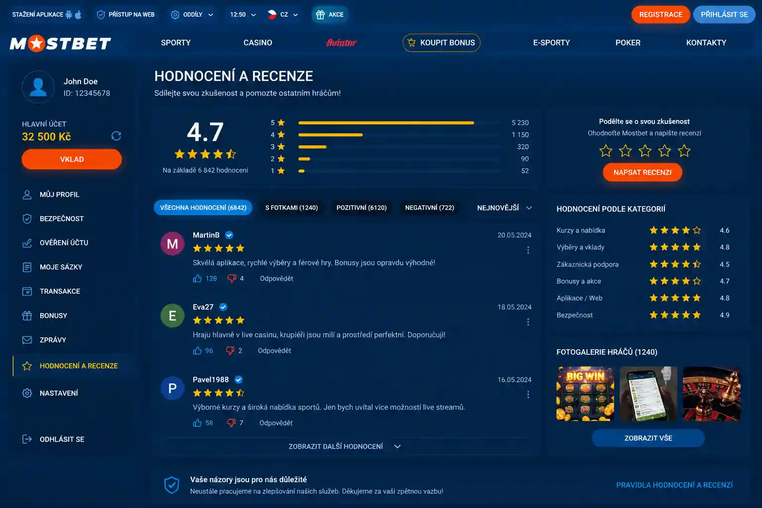 Sekce hodnocení a recenzí hráčů v mobilní aplikaci nebo na oficiálních stránkách Mostbet