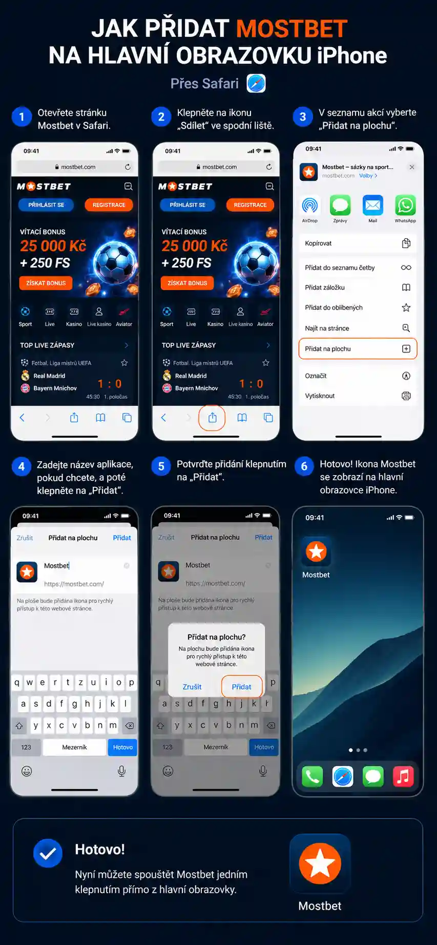 Postup přidání zástupce Mostbet na plochu iPhonu přes Safari