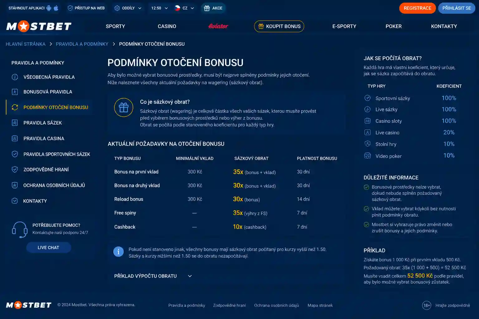 Přehled podmínek sázkového požadavku v sekci pravidel bonusu Mostbet