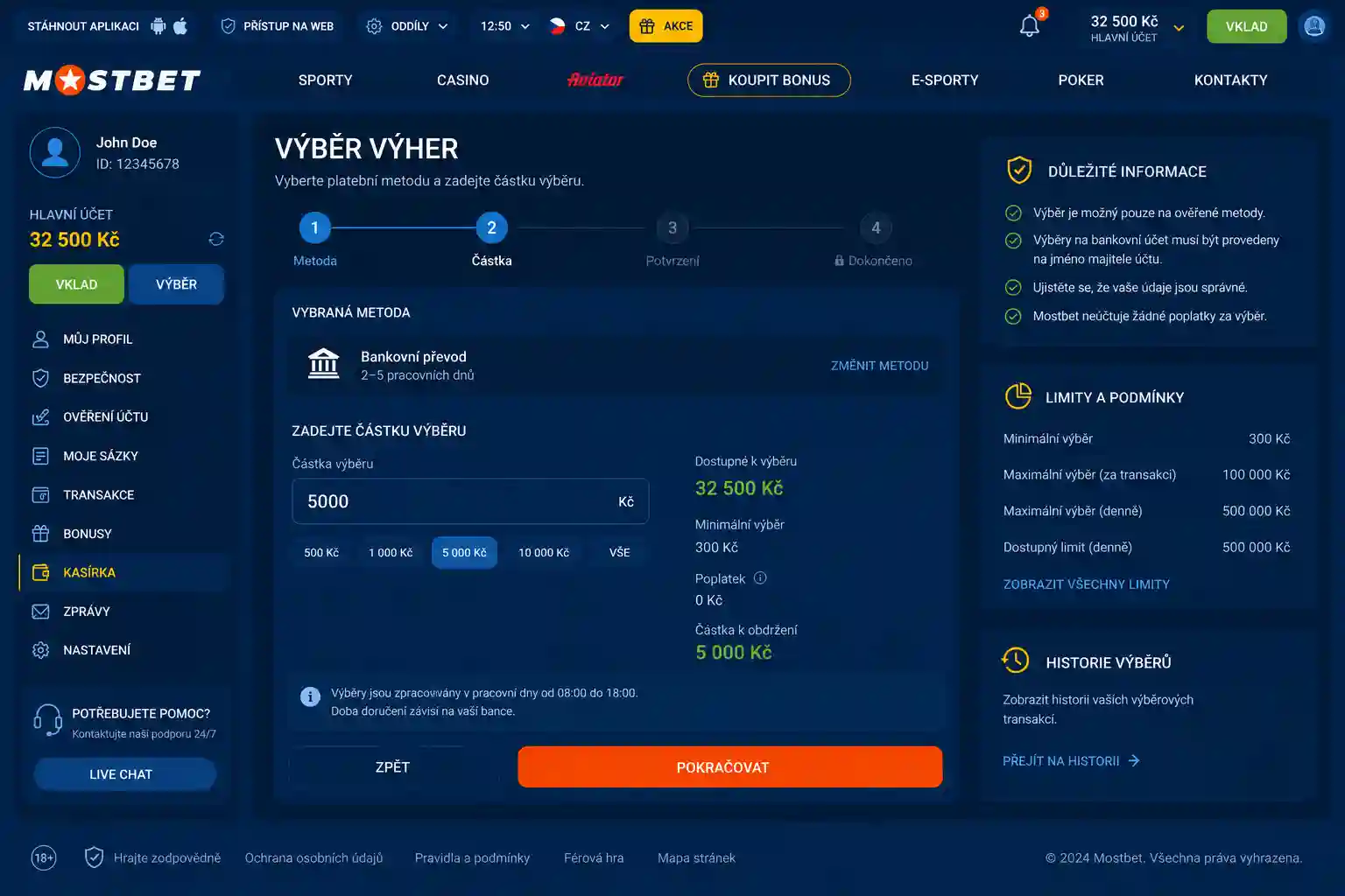 Formulář pro zadání částky výběru ve webové verzi Mostbet