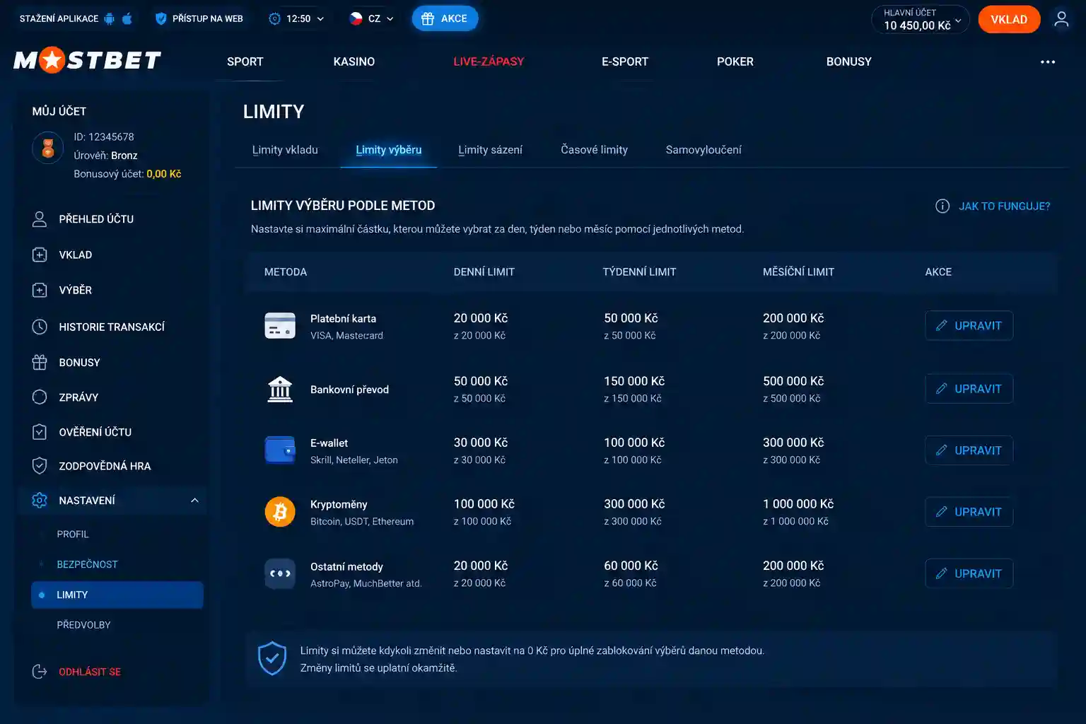 Přehled limitů výběru dle platební metody v hráčském profilu Mostbet